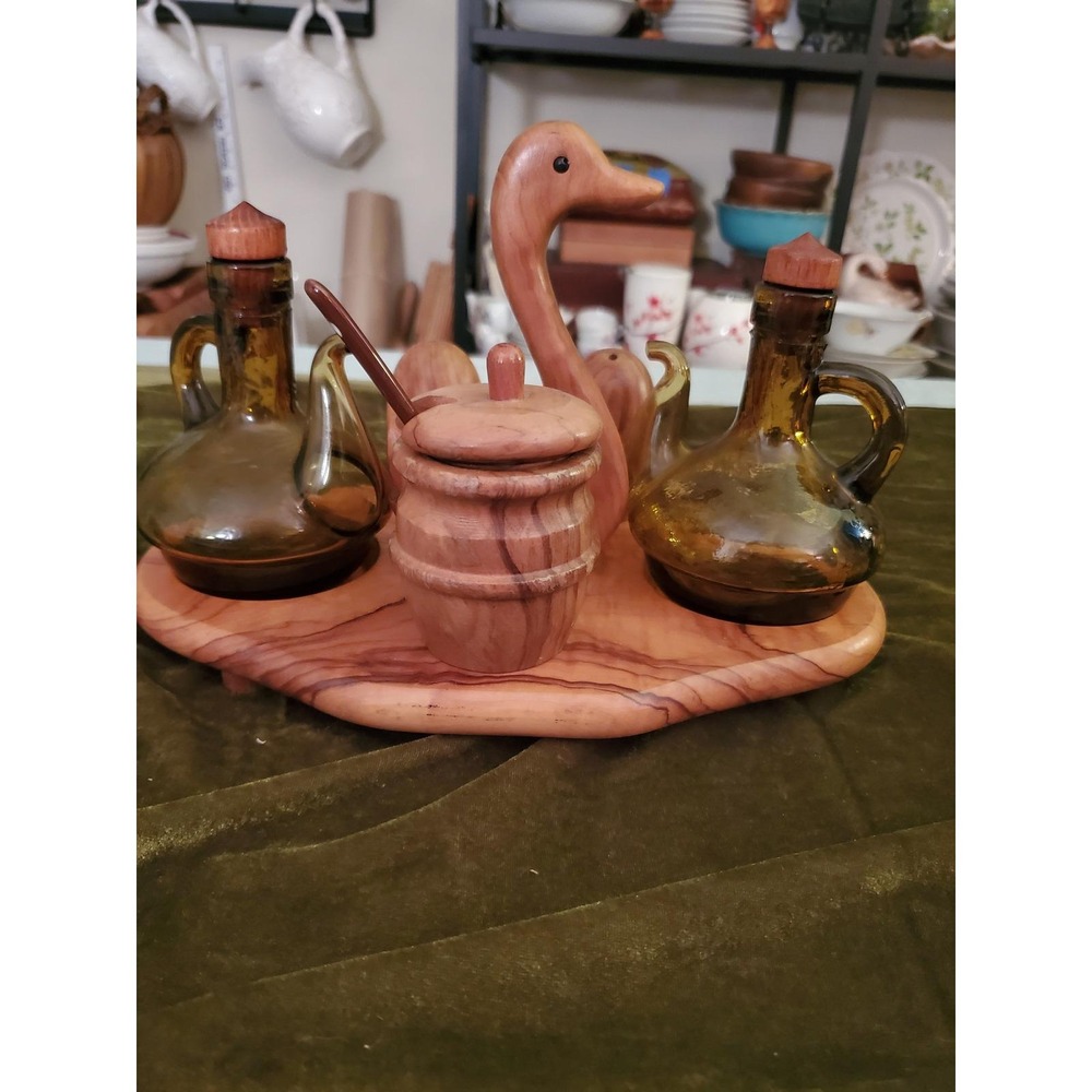 MCM Vintage 1960s Wood Duck Condiment Set Amber Glass Oil Vinegar Salt Pepper